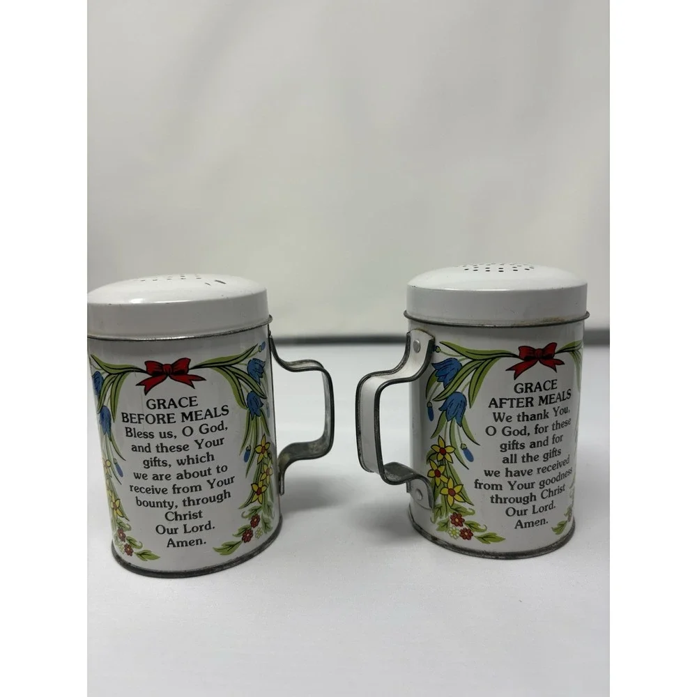 Vintage Tin Salt & Pepper Shakers Grace Before & After Meal Prayers 1950 MCM